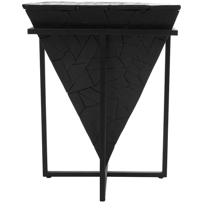 22" Black Teak Wood Geometric Handmade Inverted Pyramid Accent Table with Black Metal Base