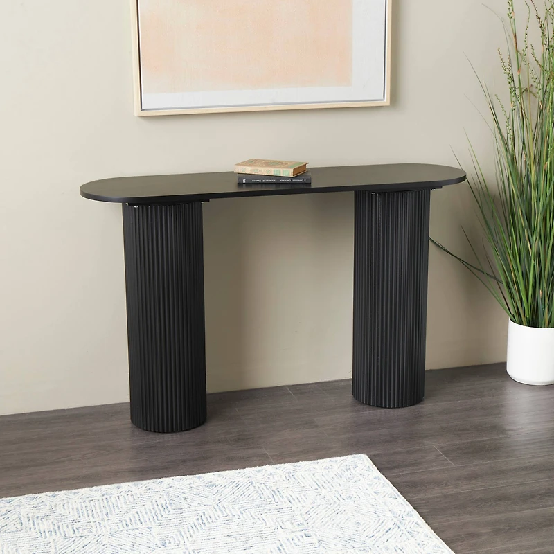 52" Black Wooden Geometric Oval Console Table with Ribbed Pillar Legs