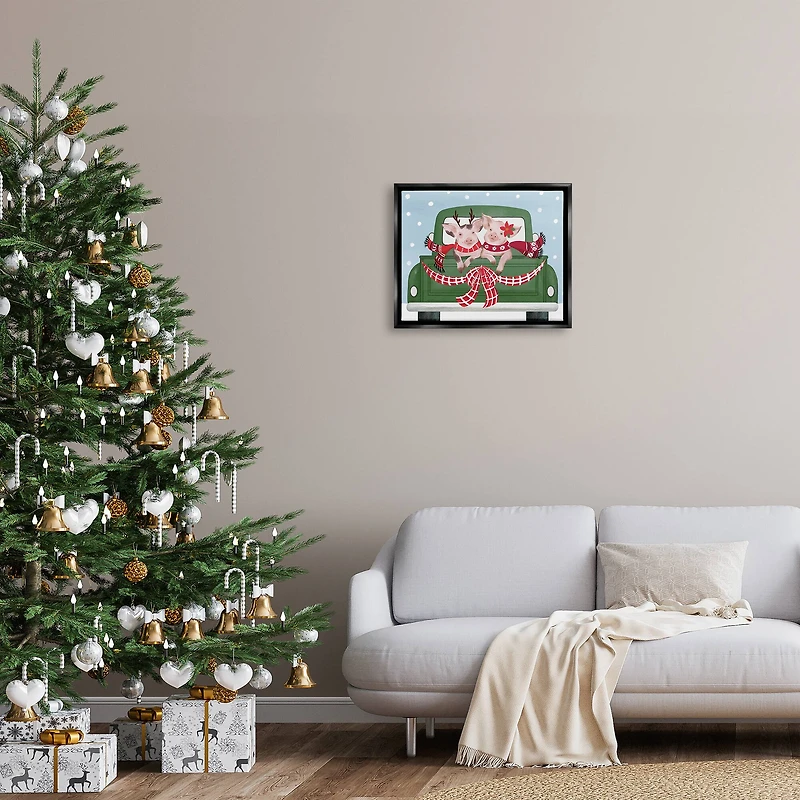 Stupell Industries Farmhouse Pigs Green Holiday Truck Framed Floater Canvas Wall Art