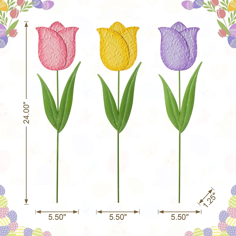 Glitzhome® 24" Easter Metal Tulips Yard Stake Set