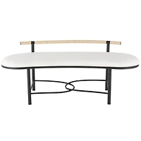 60.25" White Fabric Abstract Upholstered Oval Home Bench with Black Metal Frame & Rope Rod Backrest