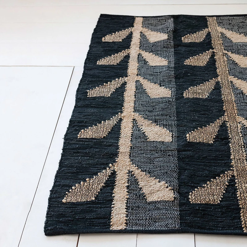 Hello Honey® 4ft. x 6ft. Black & Natural Woven Jute, Leather & Cotton Chindi Rug