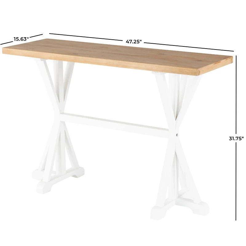 47" White Wood Living Room Console Table with Angled Legs & Brown Tabletop