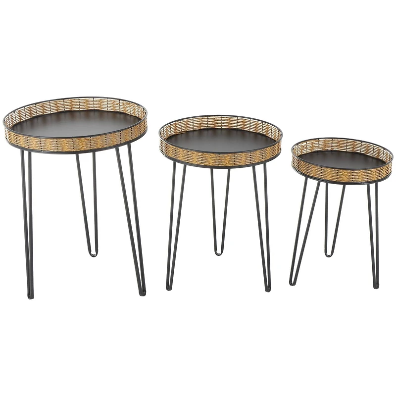 Black Metal Handmade Accent Table with Rattan Tabletop Set