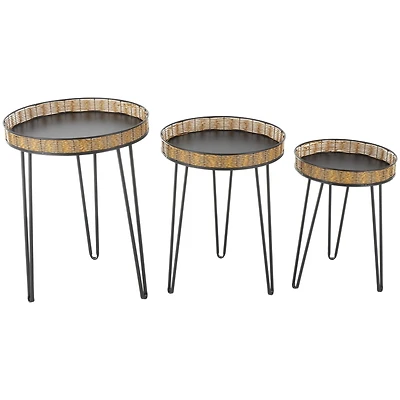 Black Metal Handmade Accent Table with Rattan Tabletop Set