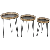 Black Metal Handmade Accent Table with Rattan Tabletop Set