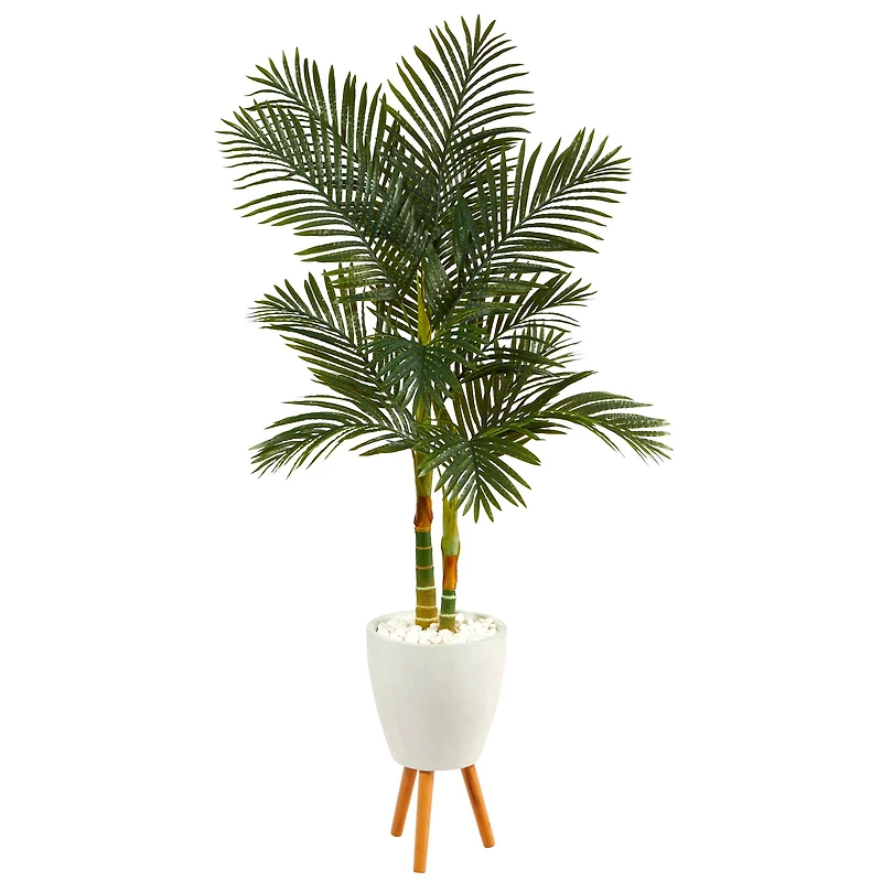 6ft. Golden Cane Artificial Palm Tree in White Planter with Stand