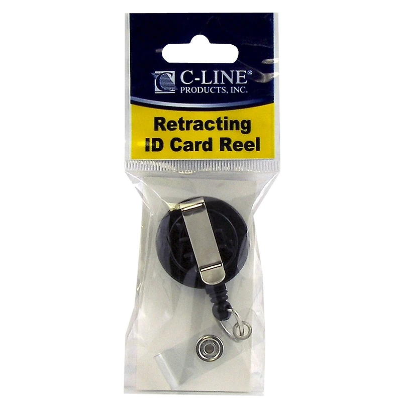 C-Line® Retracting ID Card Reels, Black, Swiveling Spring Clip with Snap-on ID Strap, Pack of 12