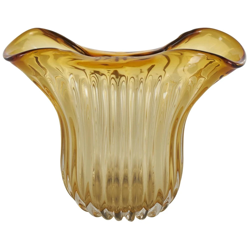 14" Orange Glass Ribbed Ombre Vase with Folded Curve Opening