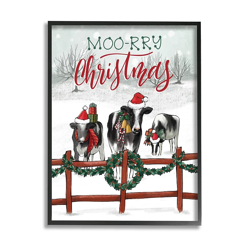 Stupell Industries Moo-rry Christmas Holiday Snowy Cows Framed Giclee Art