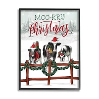 Stupell Industries Moo-rry Christmas Holiday Snowy Cows Framed Giclee Art