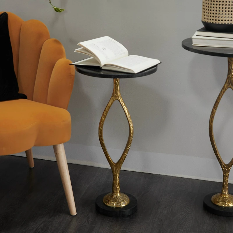 Gold Aluminum Pedestal Base Accent Table with Black Marble Top 13" x 13" x 25"