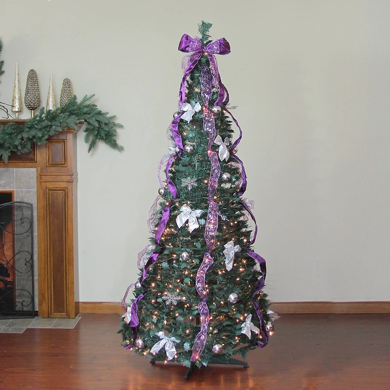 6ft. Pre-Lit Purple & Silver Pre-Decorated Pop-Up Artificial Christmas Tree, Clear Lights