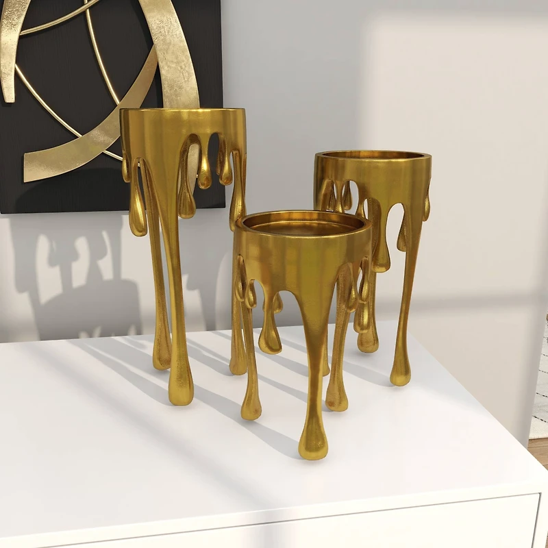 CosmoLiving by Cosmopolitan Gold Aluminum Pillar Candle Holder with Dripping Melting Designed Legs Set