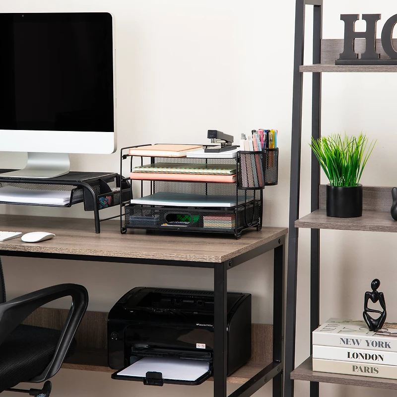 Mind Reader Mesh Desk Organizer, 3 Trays, 1 Drawer, 2 Pen Holders, Office Desktop Organizer, Metal Mesh