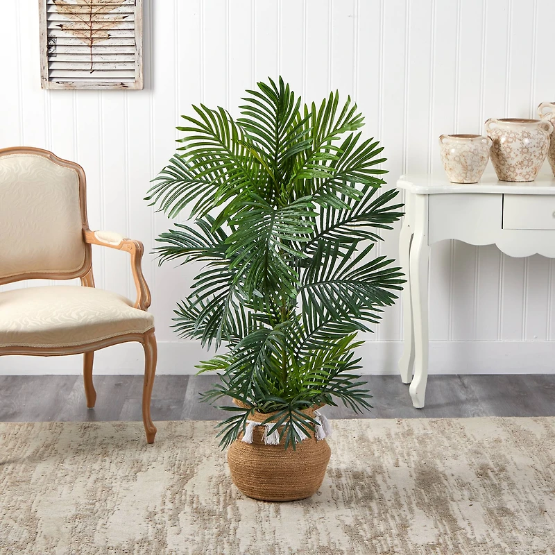 4ft. Areca Artificial Palm Tree in Boho Chic Handmade Natural Cotton Woven Planter with Tassels UV Resistant (Indoor/Outdoor)