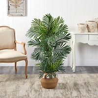 4ft. Areca Artificial Palm Tree in Boho Chic Handmade Natural Cotton Woven Planter with Tassels UV Resistant (Indoor/Outdoor)