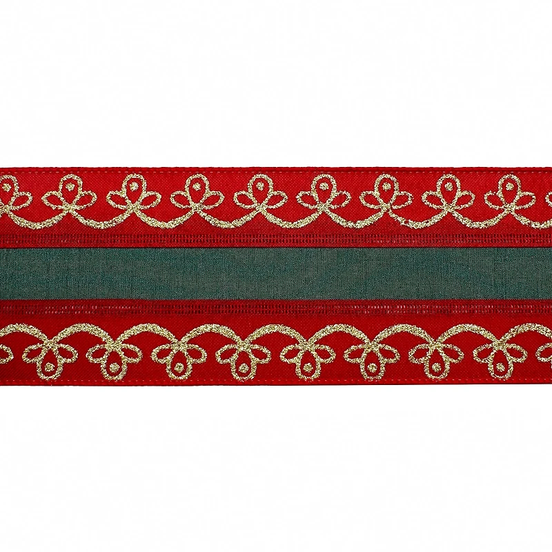 3.5" x 15ft. Red & Green with Gold Scroll Wired Ribbon by Celebrate It®