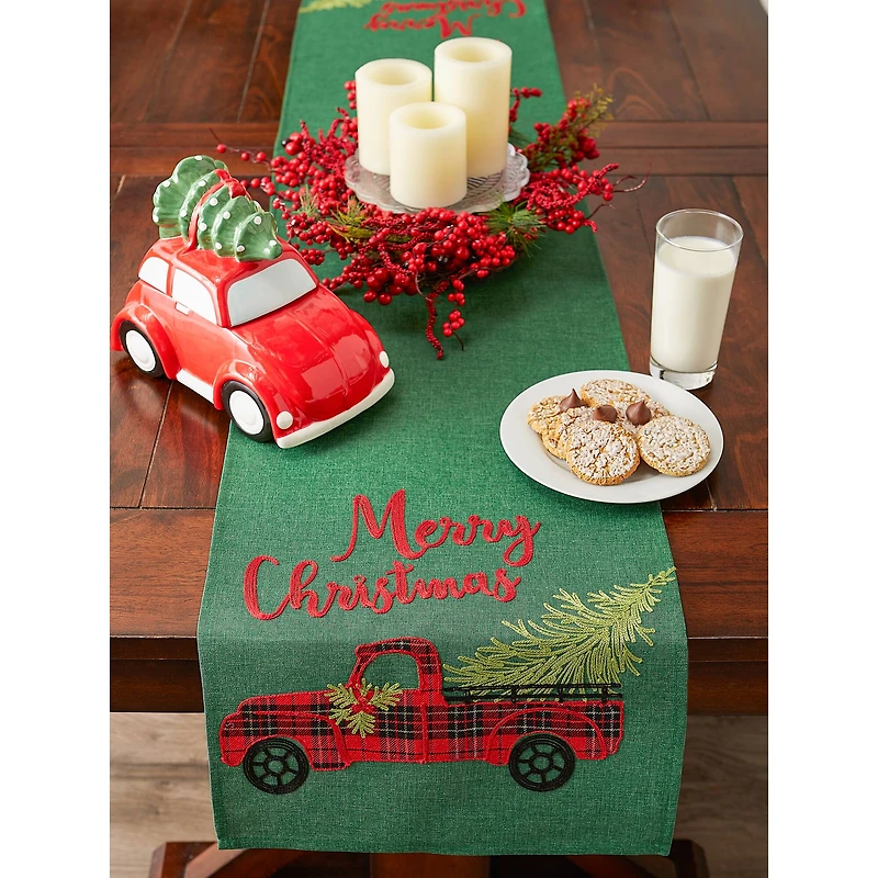 DII® 70" Green Merry Christmas Truck Embroidered Table Runner