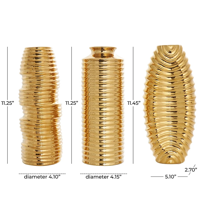 Gold Ceramic Dimensional Ribbed Vase Set