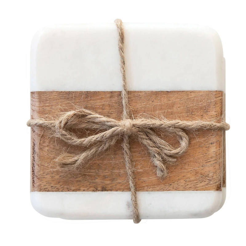 Hello Honey® White Marble & Acacia Wood Coasters Set