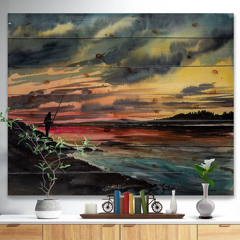 Designart - Fishing Man over Sunset Sky
