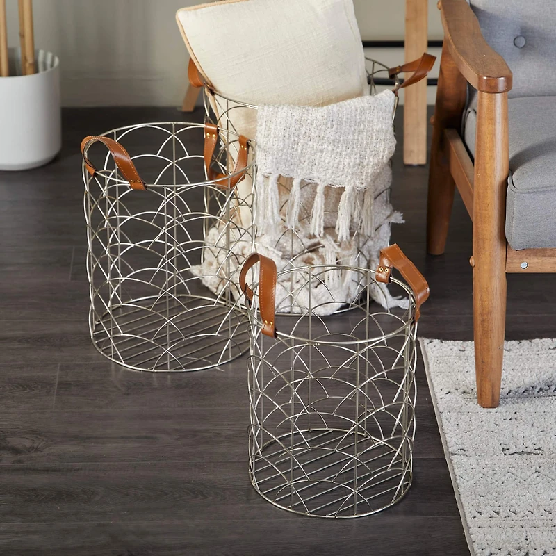 CosmoLiving by Cosmopolitan Silver Metal Storage Basket with Faux Leather Handles Set of 3 16", 14", 12"