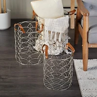 CosmoLiving by Cosmopolitan Silver Metal Storage Basket with Faux Leather Handles Set of 3 16", 14", 12"