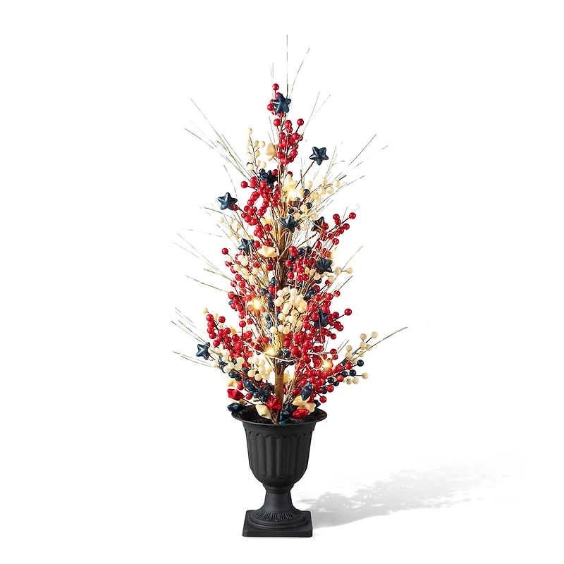 Glitzhome® 36" Lighted Patriotic Americana Berry & Stars Urn Porch Tree