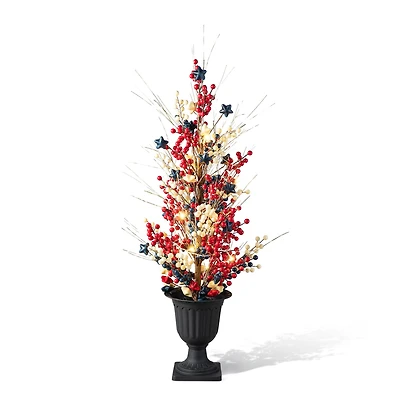 Glitzhome® 36" Lighted Patriotic Americana Berry & Stars Urn Porch Tree