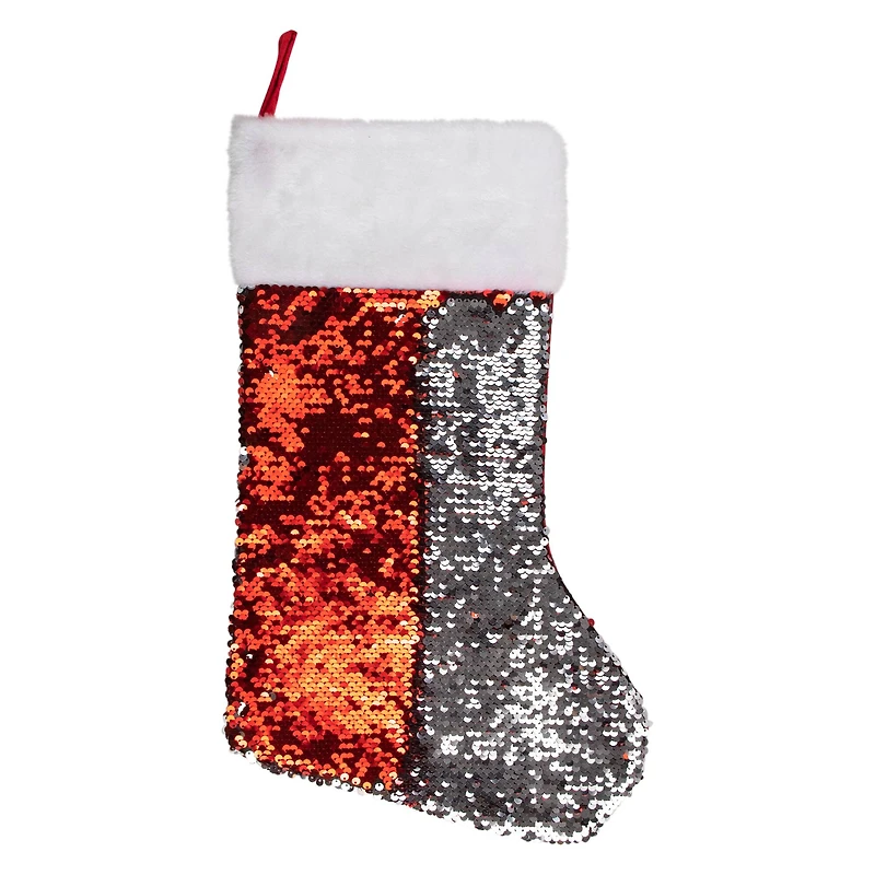 19" Red & Silver Sequin Christmas Stocking with White Faux Fur Cuff