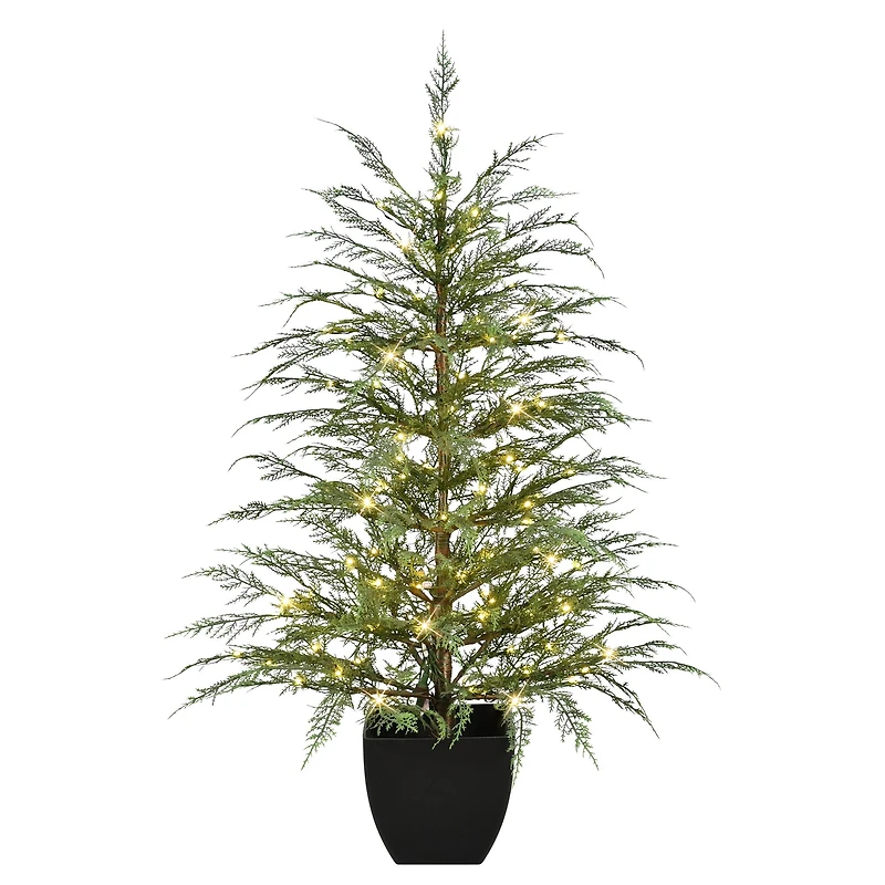 4ft. Pre-Lit Mountain Cedar Artificial Potted Christmas Tree, Warm White LED Rice Lights