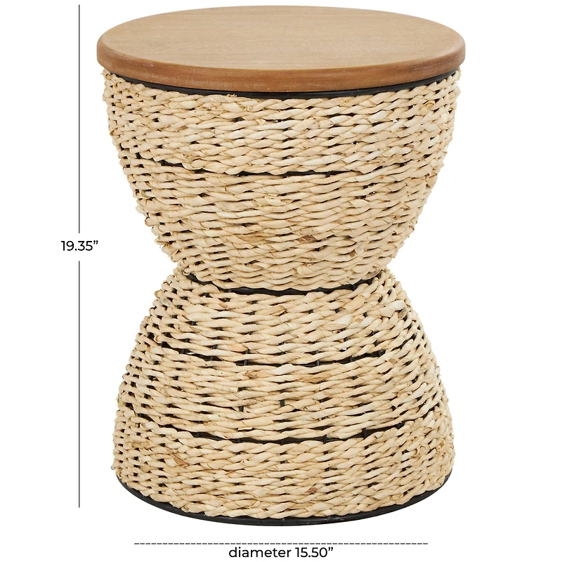 19" Rattan Woven Stool with Wood Tabletop and Black Frame