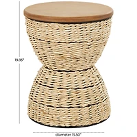 19" Rattan Woven Stool with Wood Tabletop and Black Frame