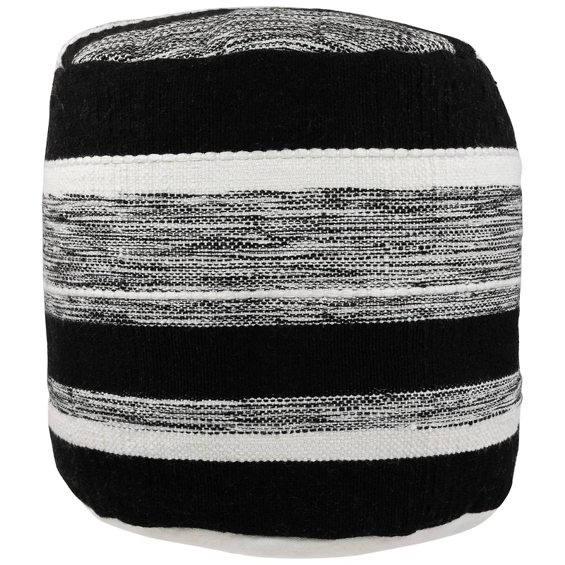 18" Black & White Woven Stripes Outdoor Pouf Ottoman