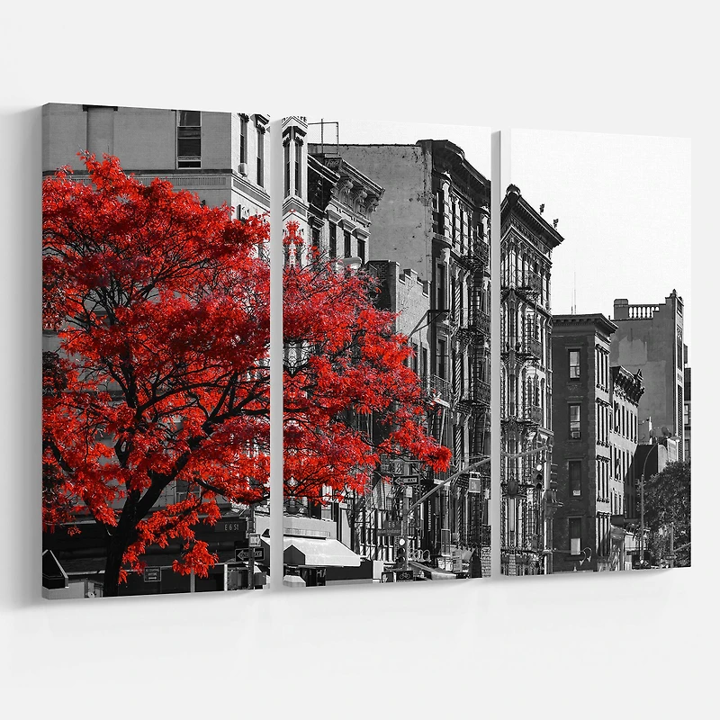 Designart - Red Tree on Black and White New York City Street