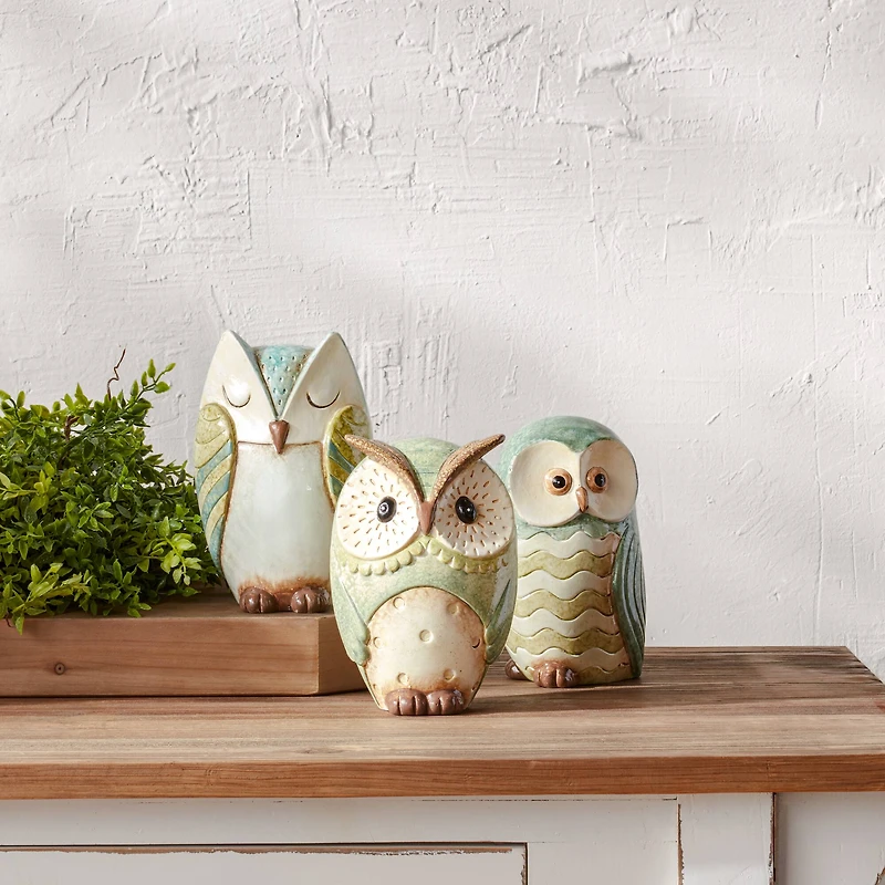 Terra Cotta Owl Figurine Set