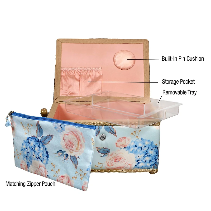 SINGER® Large Blue Hydrangeas Print Sewing Basket with Matching Zipper Pouch