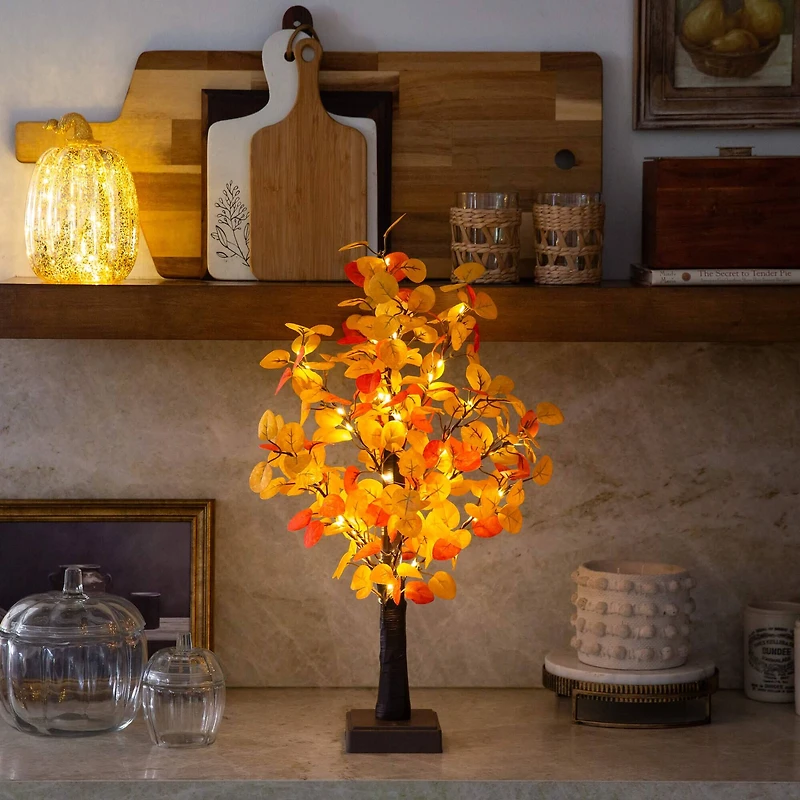 21in. Pre-Lit Bright Autumn Eucalyptus Artificial Fall Tree with 50 Warm White LED Lights and Detachable Base