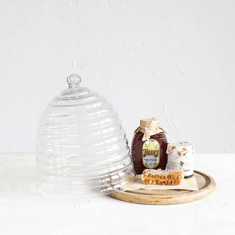 Hello Honey® 11.5" Clear & Natural Reclaimed Etched Glass Beehive Shaped Cloche with Mango Wood Base