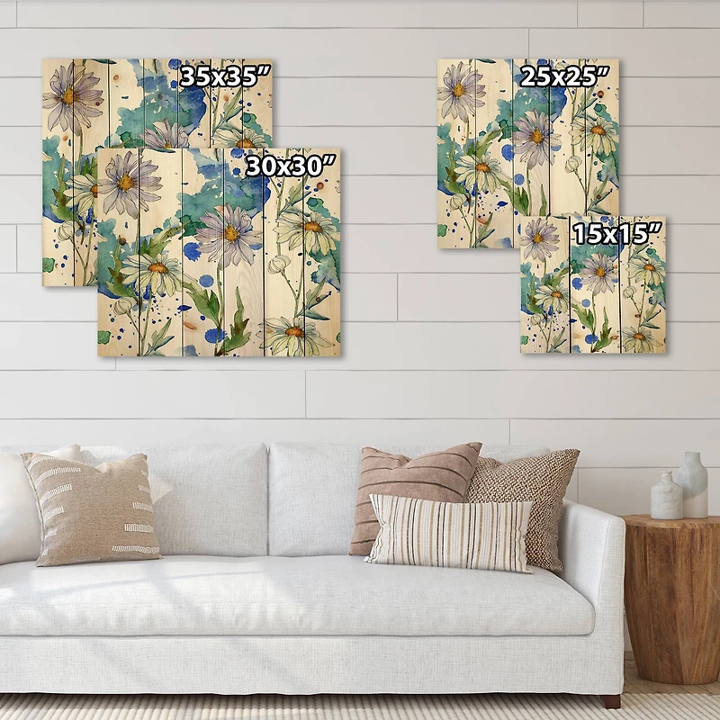 Designart - Daisies With Green Leaves II - Traditional Print on Natural Pine Wood