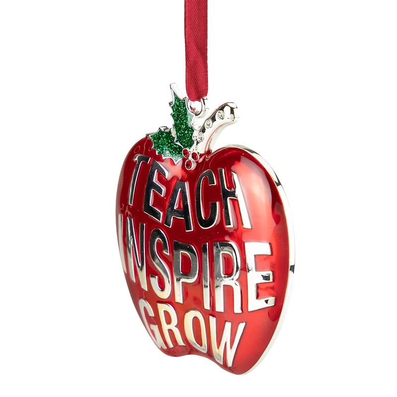 3.25" Red and Silver Plated Apple Teacher Christmas Ornament with European Crystals