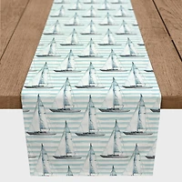Blue Boats on Stripes Poly Twill Table Runner