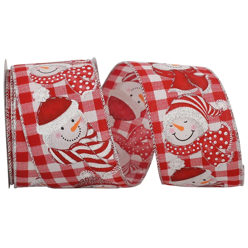 JAM Paper 2.5" x 10yd. Red & White Happy Snowman Gingham Wired Ribbon