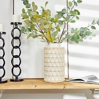 15" White & Woven Rattan Ceramic Handmade Vase