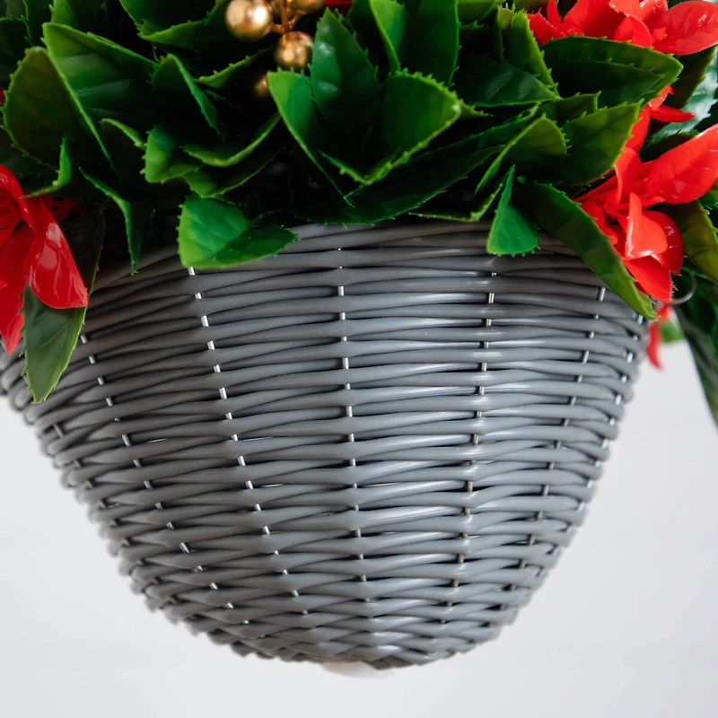 24in. Pre-Lit UV Resistant Artificial Red Tip Photinia & Gold Berries Christmas Hanging Basket with 34 Warm White LED Lights (Indoor/Outdoor)