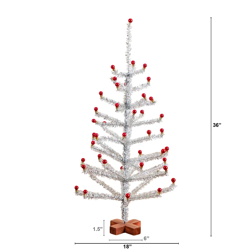 3ft. Artificial Retro Silver Tinsel Christmas Tree with 45 Red Mini Ornament Balls and Wooden Base