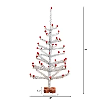 3ft. Artificial Retro Silver Tinsel Christmas Tree with 45 Red Mini Ornament Balls and Wooden Base