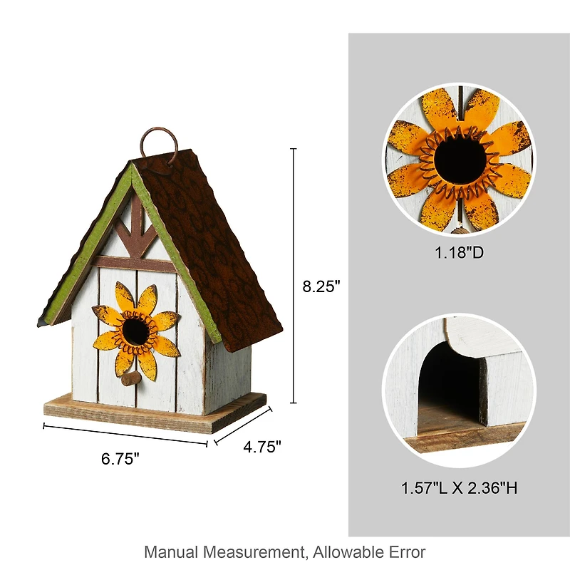 Glitzhome® 8.25" Distressed Metal Roof & Flower Wood Birdhouse