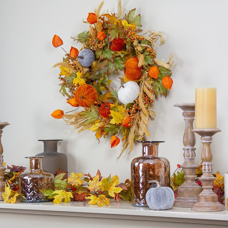 24" Velvet Pumpkins & Wheat Fall Harvest Wreath